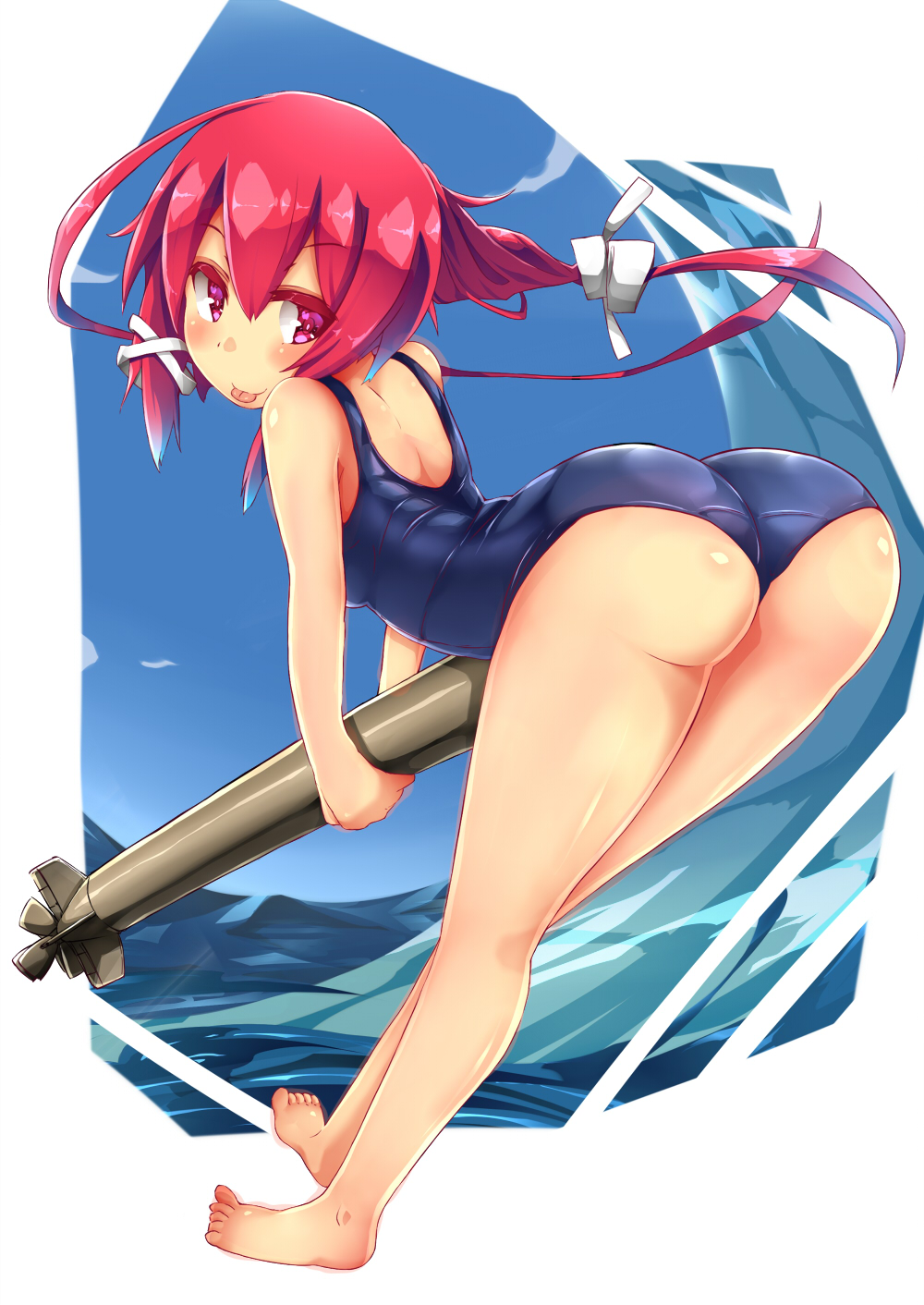 1girl ass barefoot blue_sky blue_swimsuit from_behind gradient_sky highres i-168_(kantai_collection) kantai_collection long_hair looking_at_viewer looking_back ocean ponytail red_eyes redhead school_swimsuit sky solo standing swimsuit tongue tongue_out torpedo unomi waves