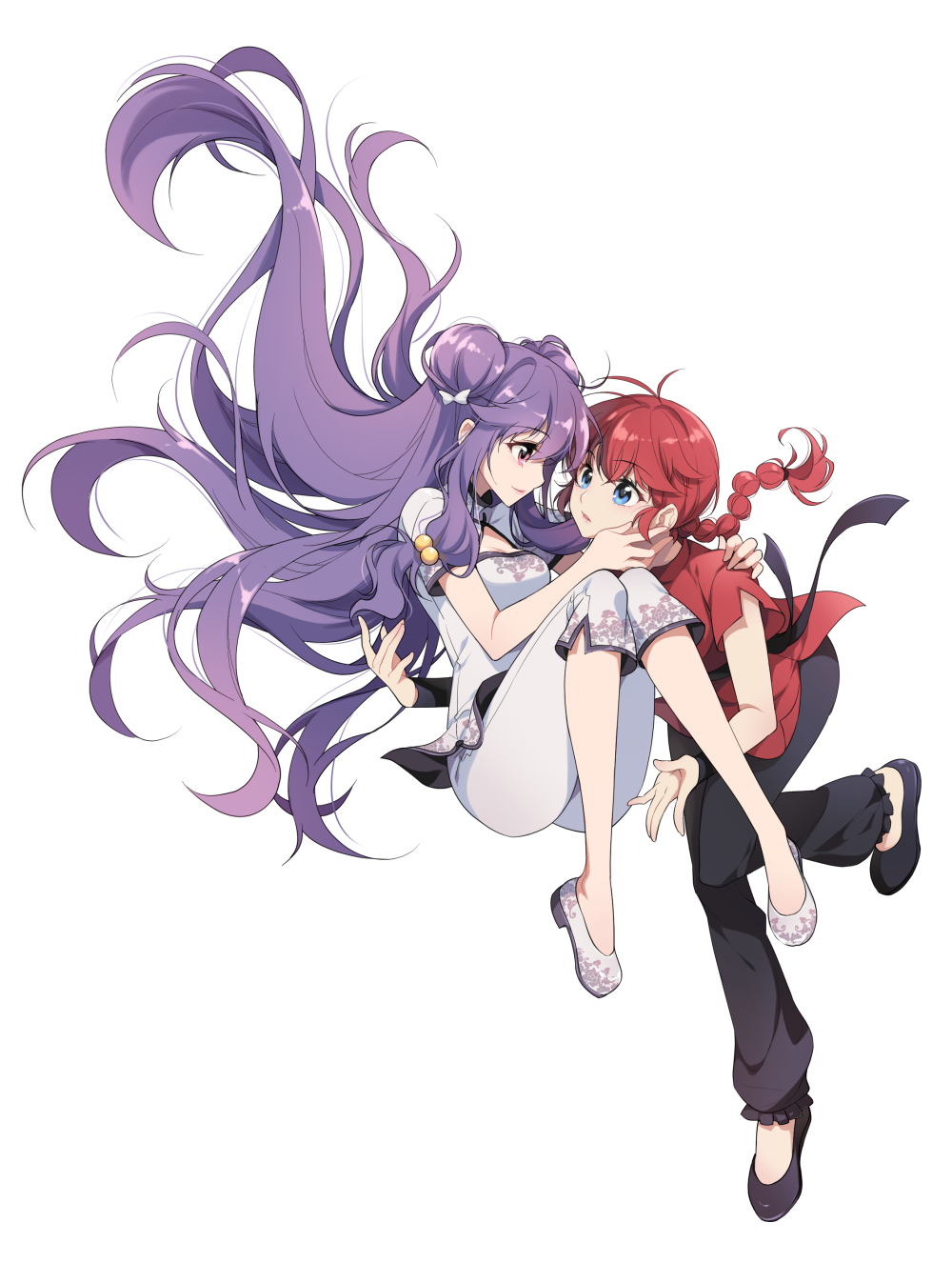 2girls blue_eyes braid catching chinese_clothes double_bun eyebrows_visible_through_hair hair_bobbles hair_ornament hand_on_another's_face highres lips long_hair looking_at_another multiple_girls open_mouth pinkori purple_hair ranma-chan ranma_1/2 redhead saotome_ranma shampoo_(ranma_1/2) sidelocks simple_background single_braid smile very_long_hair white_background