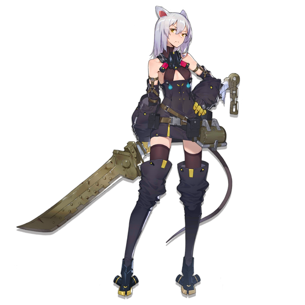 1girl animal_ears arknights bangs bare_shoulders black_dress black_footwear black_legwear boots chain detached_sleeves dress full_body gloves hair_between_eyes hand_on_hip holding holding_sword holding_weapon long_hair long_sleeves looking_at_viewer mouse_ears mouse_tail official_art rainli scavenger_(arknights) short_dress silver_hair sleeveless sleeveless_dress solo standing sword tail thigh-highs thigh_boots transparent_background weapon yellow_eyes yellow_gloves zettai_ryouiki