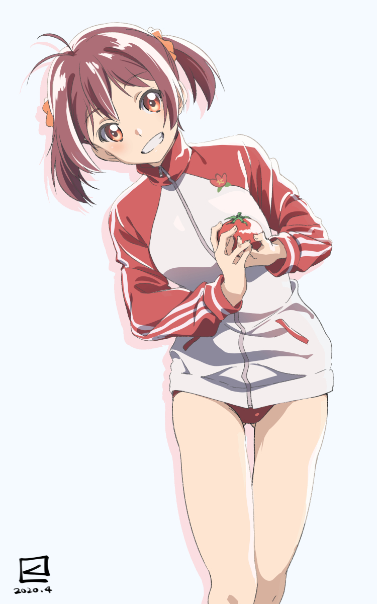 1girl a-1_pictures artist_name ascii_media_works ass_visible_through_thighs bangs brown_eyes brown_hair buruma dated eyebrows_visible_through_hair food grin gym_uniform hair_ornament hair_scrunchie highres holding holding_food isshiki_akane jacket kueru_(yuuki_tamerawanai) leaning_to_the_side looking_at_viewer orange_scrunchie red_buruma red_jacket scrunchie short_hair short_twintails signature smile solo standing tomato track_jacket twintails vividred_operation zipper