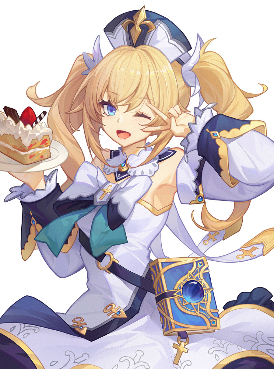 1girl barbara_(genshin_impact) bare_shoulders blonde_hair blue_eyes cake cake_slice detached_sleeves dress food genshin_impact highres looking_at_viewer one_eye_closed open_mouth smile solo twintails v_over_eye white_dress white_headwear youxuemingdie