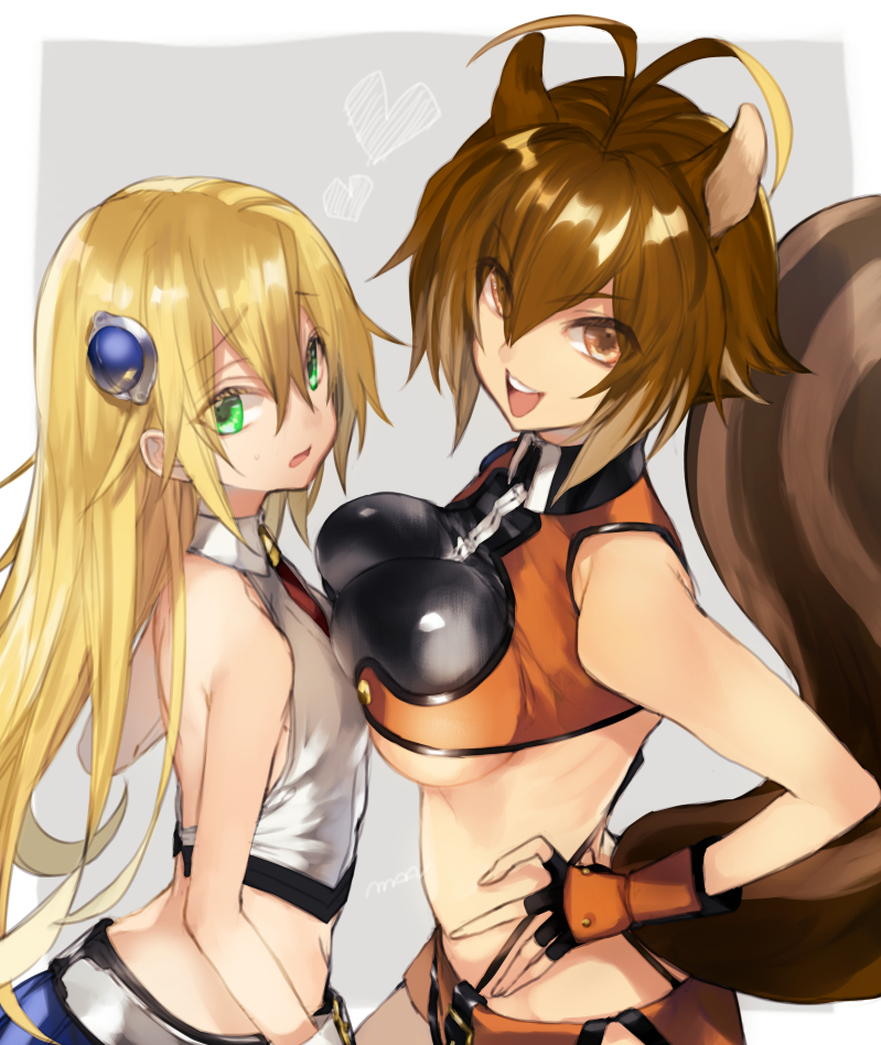 2girls animal_ears asymmetrical_docking bangs belt blazblue blonde_hair breast_envy breast_press breasts brown_eyes brown_hair eyebrows_visible_through_hair fingerless_gloves gloves green_eyes hair_between_eyes heart large_breasts long_hair looking_at_viewer looking_to_the_side maka_(morphine) makoto_nanaya medium_hair midriff multiple_girls noel_vermillion open_mouth simple_background small_breasts squirrel_ears squirrel_tail tail under_boob