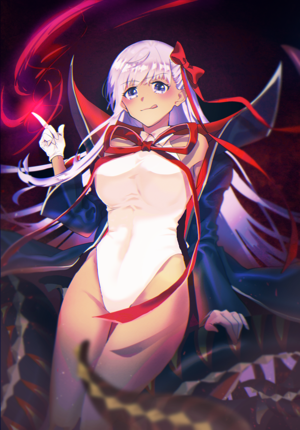 1girl artist_request bangs bare_shoulders bat_wings bb_(fate)_(all) bb_(swimsuit_mooncancer)_(fate) black_coat blush breasts closed_mouth coat covered_navel dark_skin fate/grand_order fate_(series) gloves hair_ribbon highleg highleg_leotard highres index_finger_raised large_breasts leotard licking_lips long_hair looking_at_viewer neck_ribbon open_clothes open_coat popped_collar purple_hair red_ribbon ribbon smile tan tentacles thighs tongue tongue_out vampire_costume very_long_hair violet_eyes white_gloves white_leotard wings