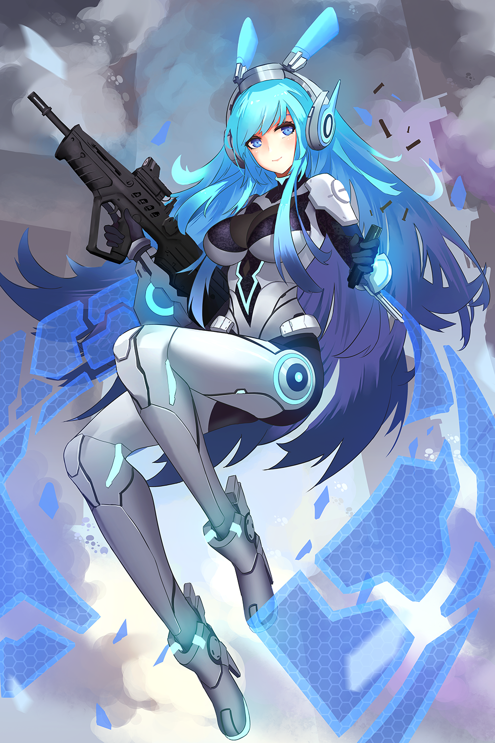 1girl alternate_eye_color armored_leotard assault_rifle blue_eyes blue_hair breasts bullpup clip_(weapon) closed_mouth clouds commentary_request floating girls_frontline gloves gun headgear highres holding holding_weapon imi_tavor_tar-21 leotard light_blue_hair long_hair mecha_musume multicolored_hair neon_trim outdoors reloading rifle robot_ears scope sight sky solo tar-21_(girls_frontline) two-tone_hair weapon white_footwear wjn-rance