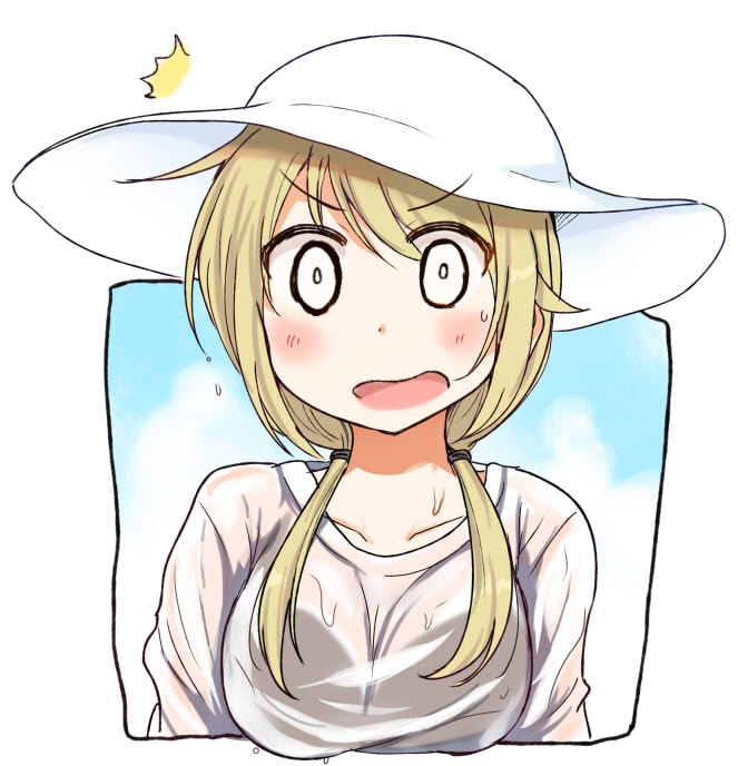 /\/\/\ 1girl blonde_hair blush border bra_through_clothes breasts commentary_request dripping eyebrows_visible_through_hair eyebrows_visible_through_hat hat ichii_yui long_hair looking_at_viewer low_twintails medium_breasts o_o open_mouth see-through shirt solo surprised sweatdrop tatsunokosso twintails upper_body water_drop wavy_mouth wet wet_clothes wet_shirt white_headwear white_shirt yuyushiki