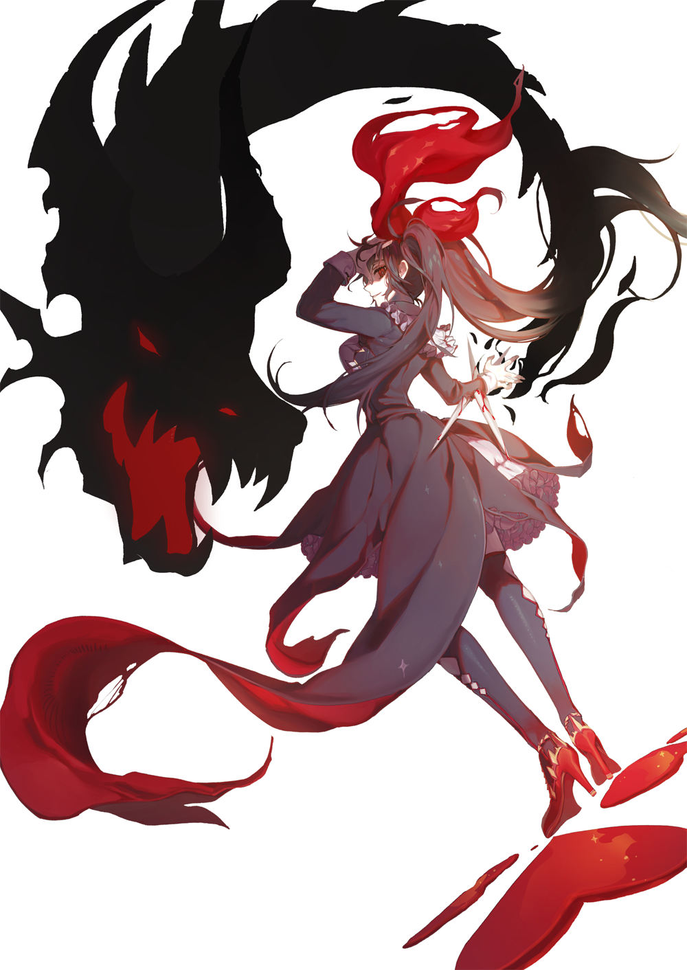 1girl arm_up black_hair bleeding blood dragon fingernails frills hand_on_own_face heart high_heels highres injury living_hair long_hair open_mouth original parted_lips red_eyes red_footwear rwael simple_background smile solo spikes torn_clothes twintails white_background