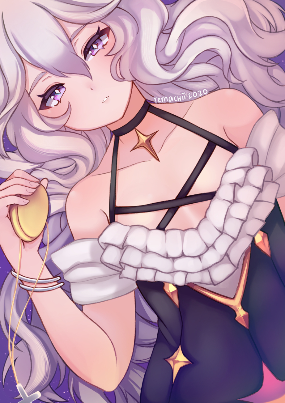 1girl bare_shoulders black_choker choker cross dated diamond-shaped_pupils diamond_(shape) dress fingernails grey_hair hair_between_eyes hand_up highres holding looking_at_viewer original parted_lips short_sleeves signature solo symbol-shaped_pupils temachii violet_eyes