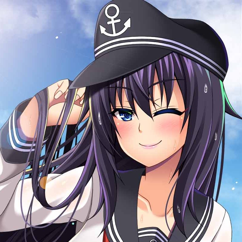 1girl ;) akatsuki_(kantai_collection) alternate_breast_size anchor_symbol arm_up bangs black_headwear breasts collarbone eyebrows_visible_through_hair hat kantai_collection large_breasts long_hair long_sleeves mirisha one_eye_closed purple_hair replaceme school_uniform skirt smile solo violet_eyes