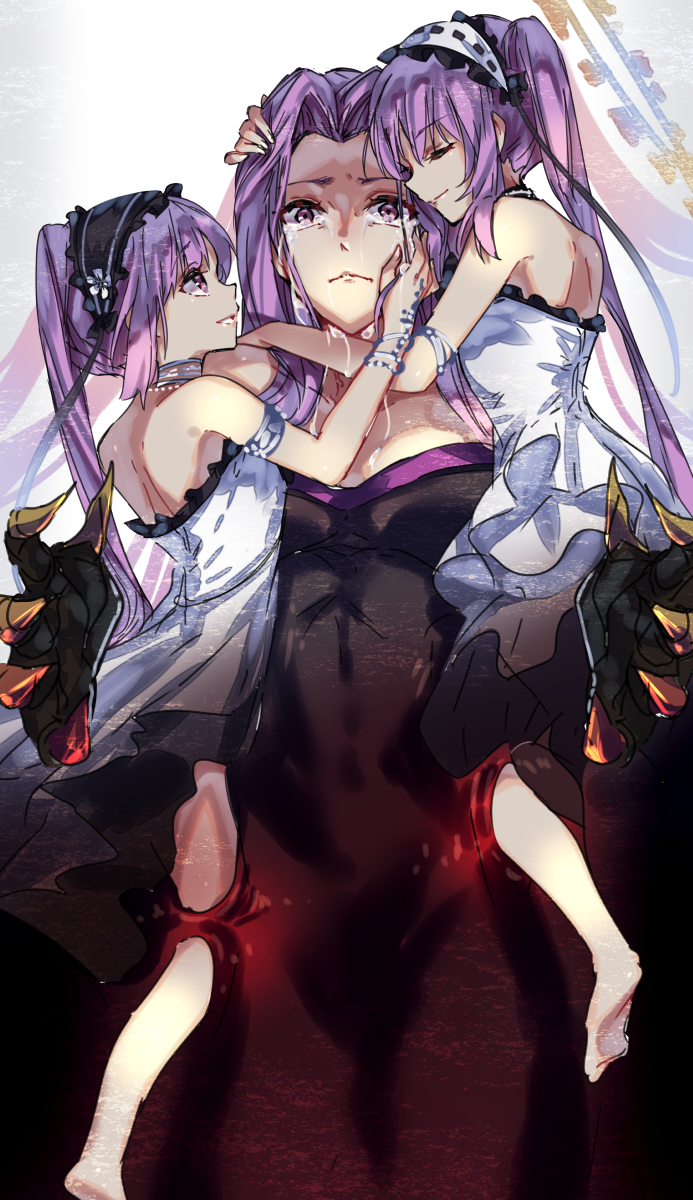 3girls bare_shoulders barefoot claws closed_eyes closed_mouth commentary_request crying crying_with_eyes_open dress euryale fate/grand_order fate/hollow_ataraxia fate_(series) frilled_hairband frills hairband headdress highres holding_another holding_another's_head lolita_hairband long_hair looking_at_another multiple_girls pink_lips purple_hair ribbon-trimmed_hairband rider siblings sisters stheno strapless strapless_dress tears twins twintails violet_eyes white_dress zeromomo