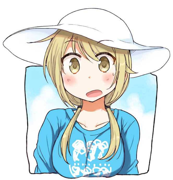 1girl blonde_hair blue_shirt blush border breasts commentary_request eyebrows_visible_through_hair eyebrows_visible_through_hat hat ichii_yui long_hair looking_at_viewer low_twintails medium_breasts open_mouth print_shirt shirt solo sweatdrop tatsunokosso twintails upper_body white_headwear yellow_eyes yuyushiki
