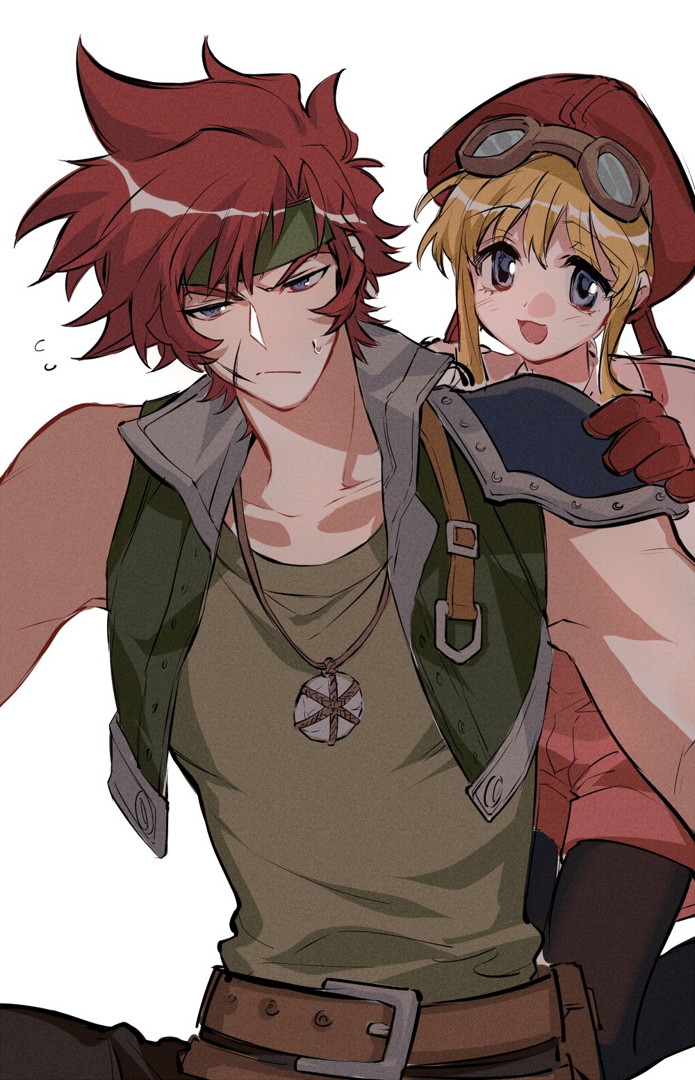 1boy 1girl :d agate_crosner belt belt_buckle blonde_hair blush buckle closed_mouth collarbone eiyuu_densetsu eyebrows_visible_through_hair facial_scar flying_sweatdrops gloves goggles goggles_on_head hat headband highres jewelry muscle necklace open_mouth redhead scar shirt sidelocks simple_background sleeveless smile sora_no_kiseki sweatdrop tita_russell towtow_redoland v-shaped_eyebrows white_background