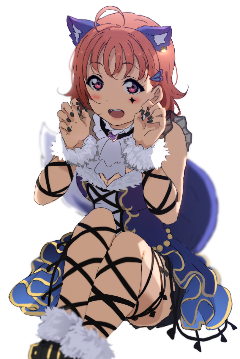 1girl ahoge animal_ears ankle_lace-up black_nails claw_pose cross-laced_footwear dress fur-trimmed_dress fur_trim highres icehotmilktea looking_at_viewer love_live! love_live!_sunshine!! nail_polish open_mouth orange_hair red_eyes short_hair simple_background sleeveless sleeveless_dress solo tail takami_chika white_background