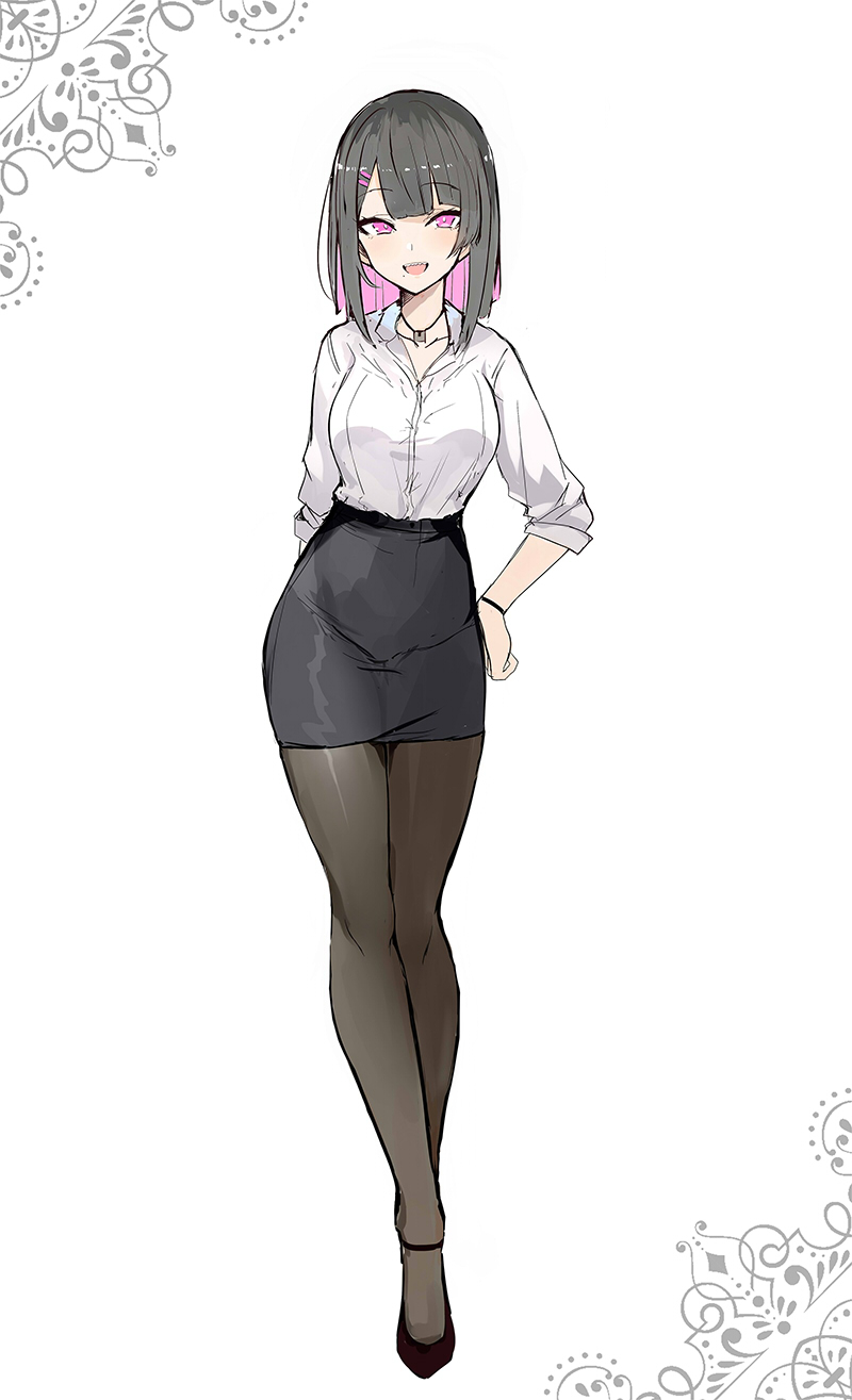 1girl black_footwear black_hair black_legwear black_skirt breasts collared_shirt full_body highres large_breasts long_sleeves looking_at_viewer luse_maonang medium_hair mole mole_under_mouth multicolored_hair office_lady open_mouth original pantyhose pencil_skirt pink_eyes pink_hair sharp_teeth shirt shoes simple_background skirt solo standing teeth two-tone_hair white_background white_shirt wing_collar