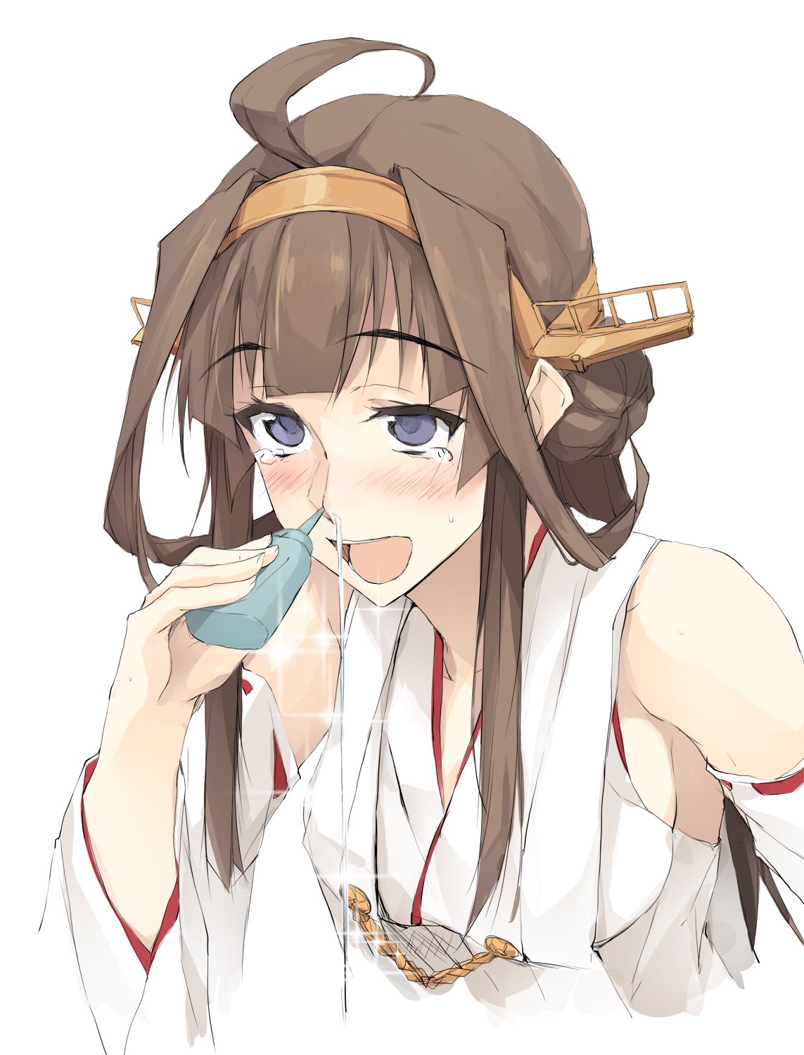 1girl ahoge bangs bare_shoulders blue_eyes blush bottle breasts brown_hair commentary_request detached_sleeves hair_bun headgear highres in_nose kantai_collection kongou_(kantai_collection) long_hair medium_breasts nontraditional_miko open_mouth simple_background solo sparkle tears white_background zekkyon