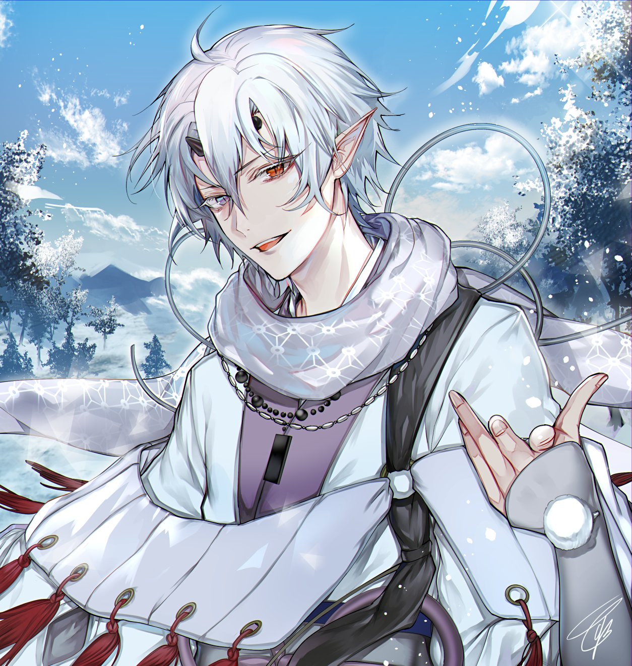 1boy blue_eyes blue_sky clouds cold hair_between_eyes heterochromia highres horns jewelry kengatoki male_focus necklace pointing pointing_at_viewer pointy_ears red_eyes short_hair signature sky slit_pupils solo tcb