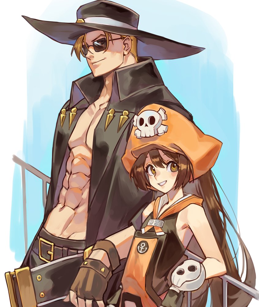 1boy 1girl armpit_peek bangs belt blonde_hair blue_background breasts brown_eyes brown_hair chest coat cowboy_hat fingerless_gloves gloves guilty_gear guilty_gear_xrd hair_between_eyes hat johnny_(guilty_gear) looking_at_viewer may_(guilty_gear) medium_hair pectorals pirate pirate_hat skull small_breasts sunglasses uncle_rabbit_ii