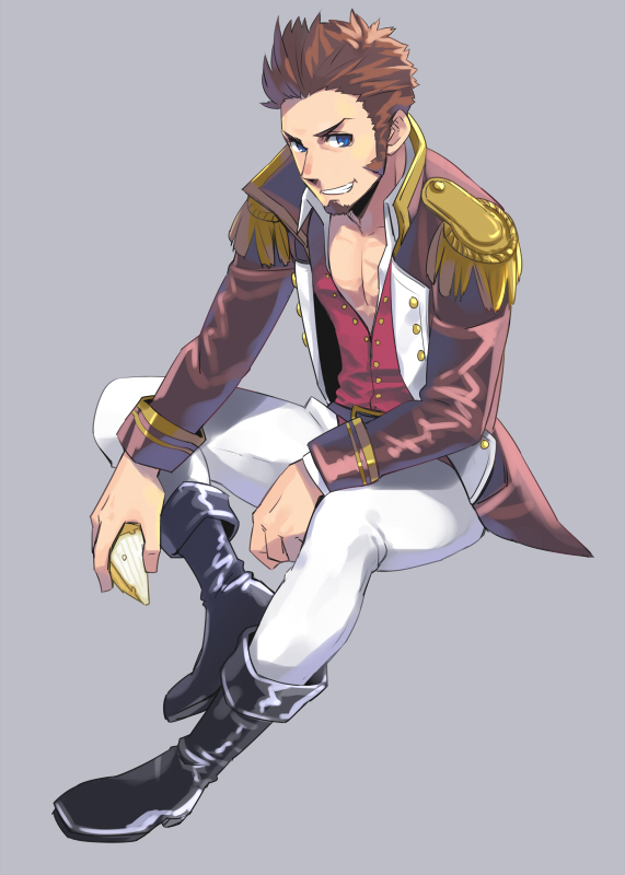 1boy bigur black_footwear blue_eyes boots brown_hair epaulettes fate/grand_order fate_(series) looking_at_viewer male_focus military military_uniform napoleon_bonaparte_(fate/grand_order) pants pectorals sideburns sitting smile solo spiky_hair uniform white_pants