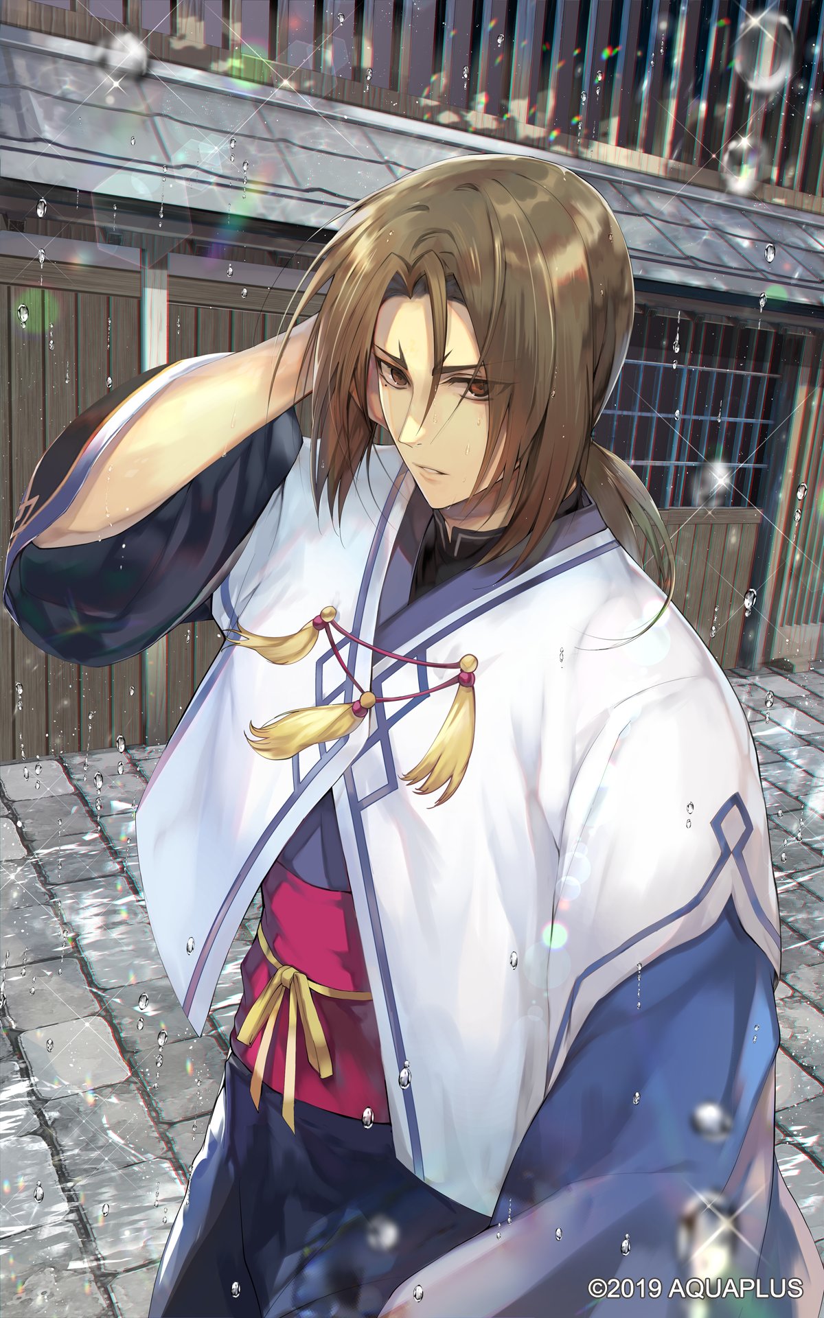 1boy bangs brown_eyes brown_hair commentary_request eyebrows_visible_through_hair eyes_visible_through_hair hand_up highres japanese_clothes looking_at_viewer low_ponytail male_focus medium_hair mole mole_under_eye oshutoru_(utawareru_mono) parted_bangs parted_lips solo standing tcb utawareru_mono utawareru_mono:_lost_frag water_drop