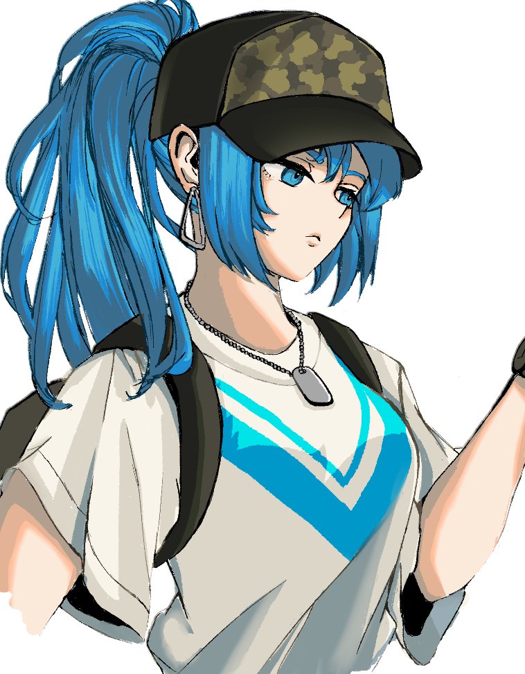 1girl bangs blue_eyes blue_hair camouflage casual earrings hat ikari_hime jewelry leona_heidern looking_at_object serious shirt snk soldier solo t-shirt the_king_of_fighters white_shirt