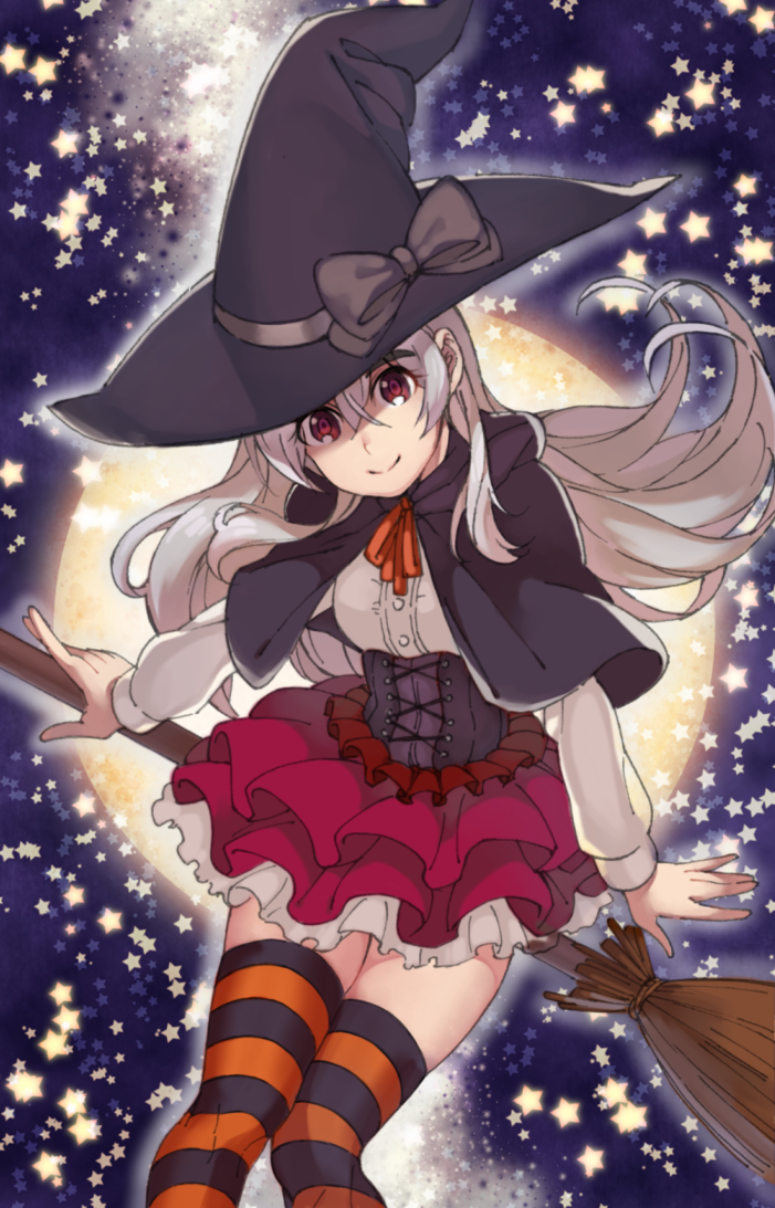 1girl alternate_costume bangs black_capelet black_headwear bow broom bustier capelet chaika_trabant closed_mouth dress_shirt floating_hair full_moon grey_bow hair_between_eyes hare_(haaale) hat hat_bow hitsugi_no_chaika layered_skirt long_hair miniskirt moon neck_ribbon orange_ribbon pleated_skirt red_eyes red_skirt ribbon shirt silver_hair sitting skirt smile solo star_(symbol) striped striped_legwear thigh-highs very_long_hair white_shirt white_skirt witch witch_hat zettai_ryouiki