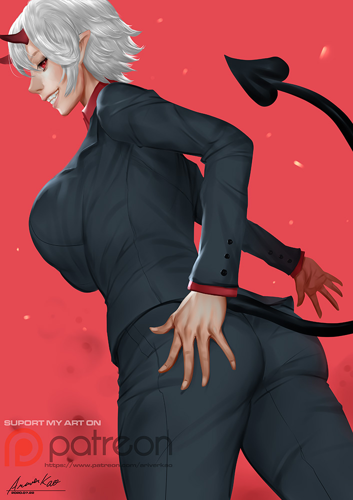 1girl ariverkao ass bangs breasts business_suit dated formal grin horns large_breasts looking_at_viewer looking_back original patreon_logo pointy_ears red_background red_eyes short_hair signature smile solo suit watermark web_address white_hair