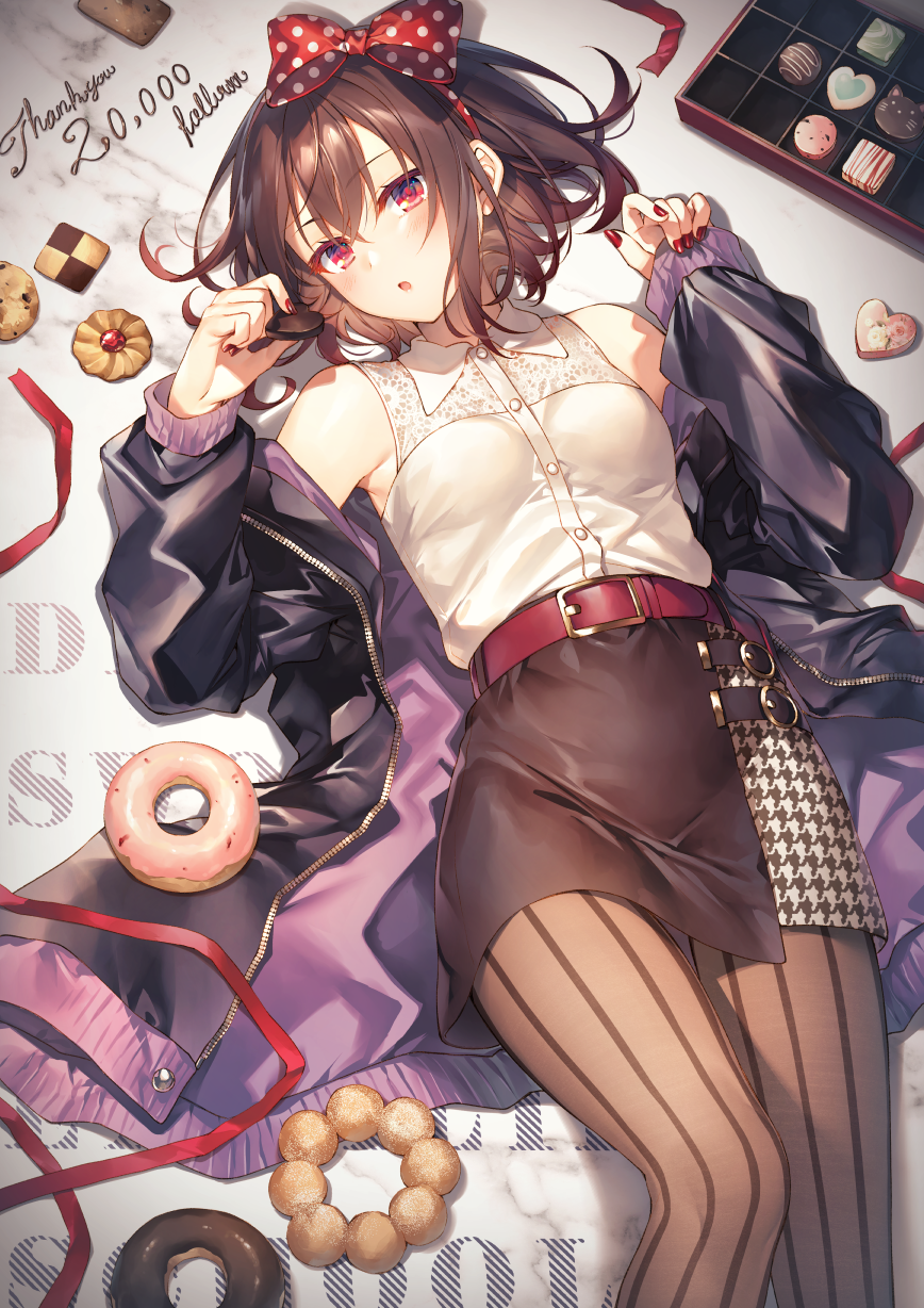 1girl :o bare_shoulders belt belt_buckle black_skirt blush bow box_of_chocolates breasts brown_hair brown_legwear buckle candy chocolate chocolate_heart cookie doughnut english_commentary english_text feet_out_of_frame fingernails food from_above hair_bow heart highres jacket looking_at_viewer lying medium_skirt nail_polish off_shoulder on_back open_clothes open_jacket original parted_lips polka_dot polka_dot_bow purple_jacket red_bow red_eyes red_nails short_hair skirt small_breasts solo striped striped_legwear thank_you toosaka_asagi unzipped vertical-striped_legwear vertical_stripes white_hair zipper