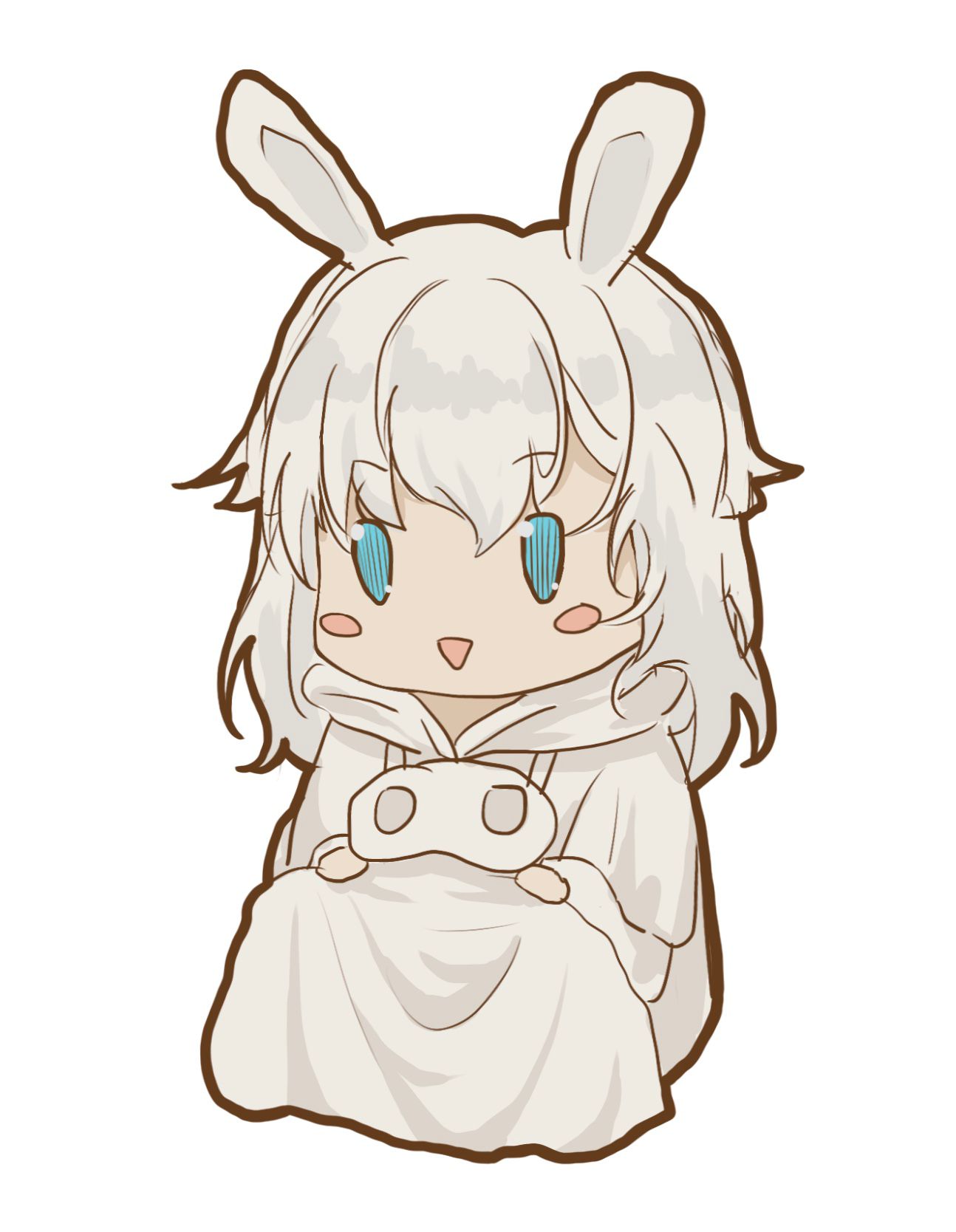 1girl :d animal_ears bangs blue_eyes blush_stickers character_request chibi dress final_fantasy final_fantasy_xiv highres hood hood_down long_hair rabbit_ears saikou-iro_aurora simple_background smile solo triangle_mouth white_background white_dress white_hair white_hood