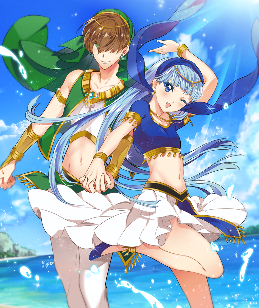 1boy 1girl ;d androgynous arm_up ascot_(rayearth) blue_eyes blue_hair blush bracelet breasts brown_hair collarbone crop_top earrings eyes_visible_through_hair floating_hair green_eyes groin hair_over_one_eye head_tilt holding_hands interlocked_fingers iyutani jewelry leg_up long_hair looking_at_viewer magic_knight_rayearth marine_day midriff miniskirt multiple_girls navel ocean one_eye_closed open_mouth pleated_skirt ryuuzaki_umi shiny shiny_hair short_hair skirt small_breasts smile stomach very_long_hair water white_skirt
