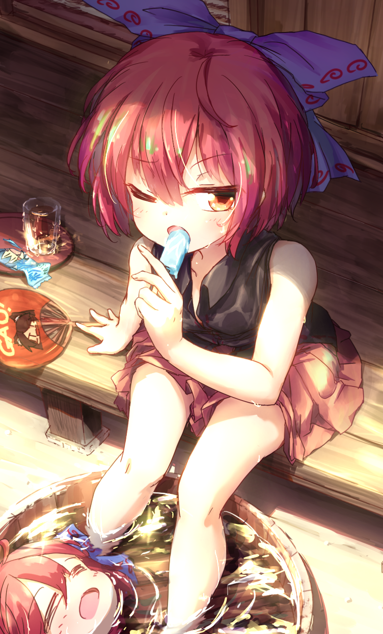 1girl bare_arms bare_legs black_shirt blue_bow bow bucket commentary_request cup disembodied_head drinking_glass eating fan food hair_bow highres holding holding_food imaizumi_kagerou isu_(is88) looking_at_viewer miniskirt one_eye_closed popsicle red_eyes red_skirt redhead sekibanki shadow shirt short_hair sitting skirt soaking_feet solo sweat touhou water