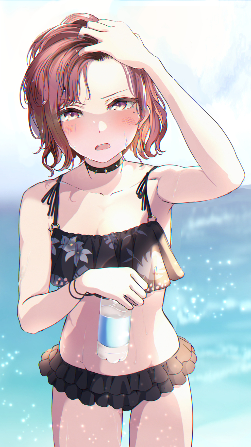 1girl :0 adjusting_hair arm_up armpits bangs bikini bikini_skirt black_bikini blurry blurry_background blush bottle breasts choker collarbone earrings hand_in_hair highres higuchi_madoka holding holding_bottle idolmaster idolmaster_shiny_colors jewelry looking_at_viewer mole mole_under_eye o-ring o-ring_bikini ocean open_mouth outdoors red_eyes shaka_(staito0515) short_hair sleeveless small_breasts solo spiked_choker spikes swimsuit tankini upper_teeth water_bottle wet wet_hair wristband