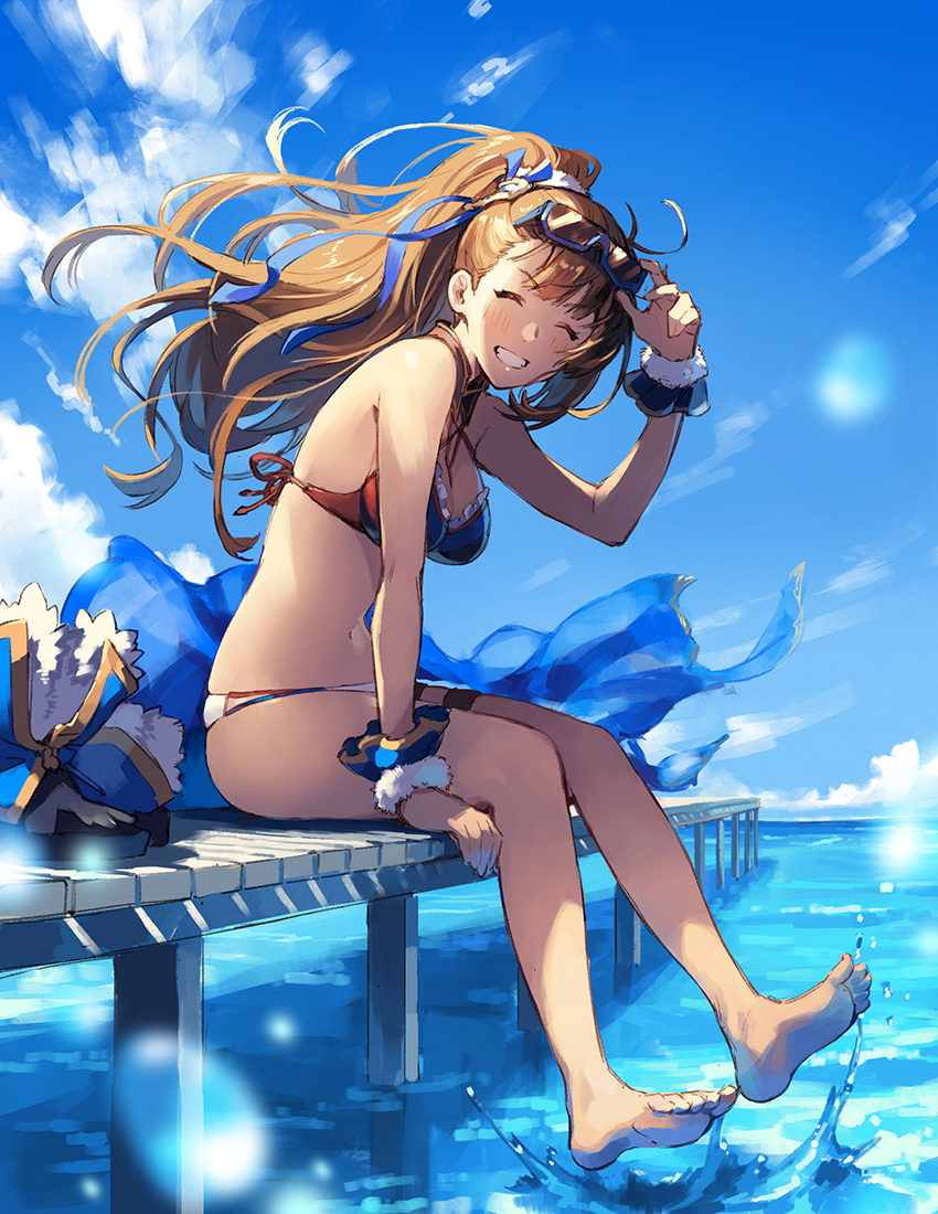 1girl arm_up bare_shoulders barefoot beatrix_(granblue_fantasy) bikini blue_sky blush brown_hair clouds commentary_request day eyewear_on_head feet granblue_fantasy grin hair_ornament hair_ribbon high_ponytail holding holding_eyewear long_hair long_ponytail looking_at_viewer multicolored multicolored_bikini multicolored_clothes navel ocean outdoors pier ribbon sitting sky smile soaking_feet splashing swimsuit thighs toes water wrist_cuffs zinnkousai3850