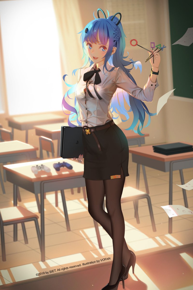 1girl :d ai-chan_(playstation) black_footwear black_neckwear black_ribbon blue_eyes blue_hair brown_legwear chair chalkboard collared_shirt commentary desk english_commentary game_console gradient_hair hair_ornament high_heels highres holding long_sleeves looking_at_viewer miniskirt multicolored_hair neck_ribbon open_mouth pantyhose pencil_skirt playstation_4 ponytail purple_hair red_pupils ribbon school school_chair school_desk shirt skirt smile solo sony teacher vofan watch watch watermark white_shirt wing_collar