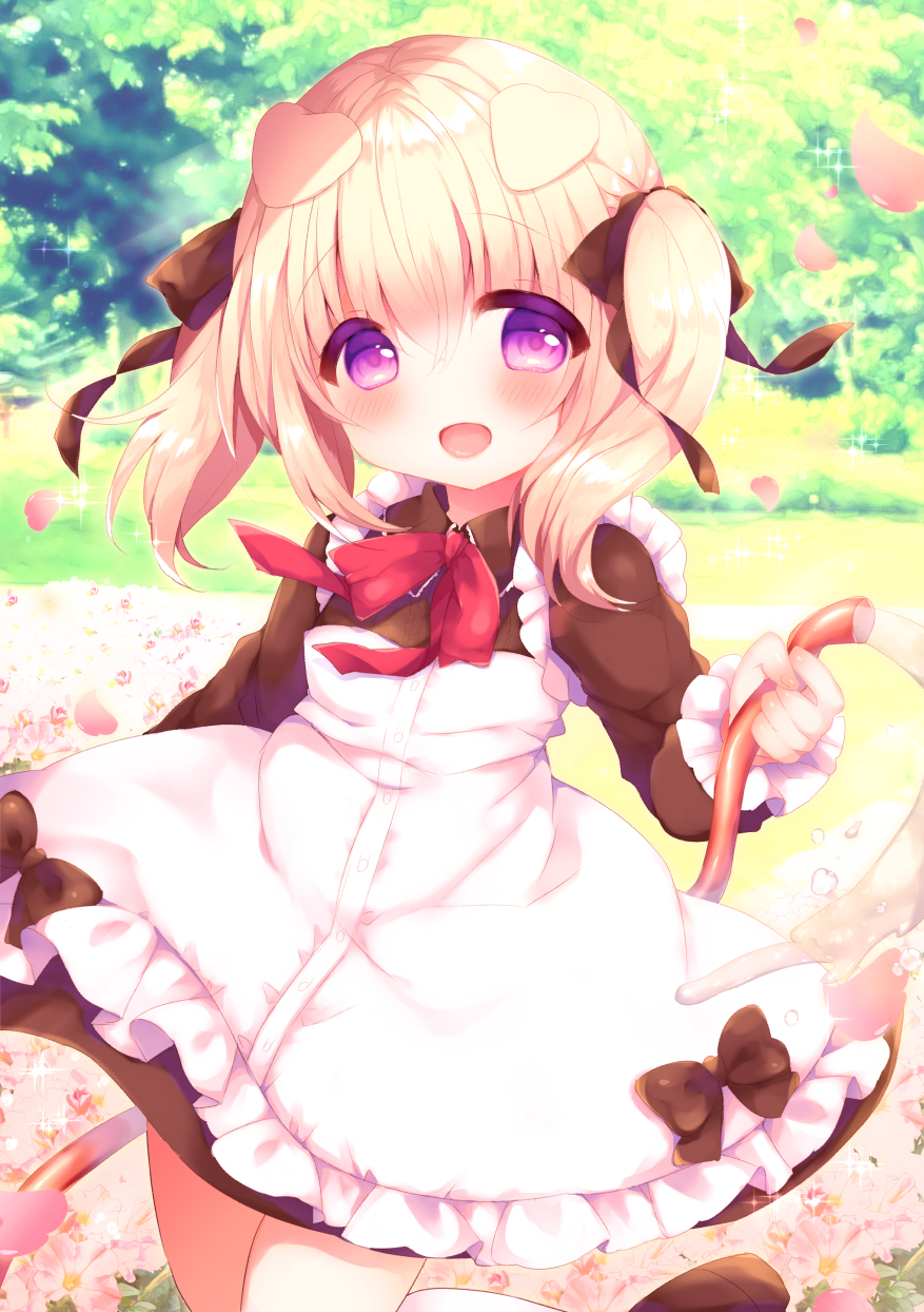 1girl :d animal_ears apron bangs black_bow blonde_hair blush bow brown_bow brown_eyes brown_footwear collared_shirt commentary_request dog_ears eyebrows_visible_through_hair flower frilled_apron frills hair_between_eyes hair_bow haru_ichigo highres holding hose kneehighs long_sleeves looking_at_viewer maid open_mouth original petals pink_flower red_bow shirt shoes smile solo sparkle standing standing_on_one_leg twintails violet_eyes water white_apron white_legwear