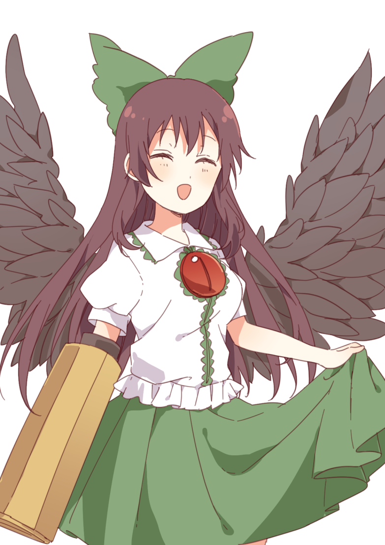1girl arm_cannon bangs bird_wings black_wings blush bow breasts brown_hair closed_eyes collared_shirt commentary_request control_rod cowboy_shot frilled_shirt_collar frills green_bow green_skirt hair_bow long_hair medium_breasts open_mouth puffy_short_sleeves puffy_sleeves reiuji_utsuho sasaki_sakiko shirt short_sleeves simple_background skirt skirt_hold smile solo third_eye touhou weapon white_background white_shirt wings
