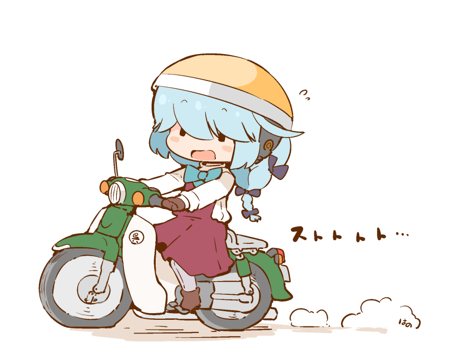 1girl aqua_hair bangs blush brown_footwear chibi dress eyebrows_visible_through_hair grey_legwear ground_vehicle hair_over_eyes hair_ribbon hamanami_(kantai_collection) hanomido kantai_collection long_hair long_sleeves motor_vehicle motorcycle open_mouth pantyhose purple_dress ribbon shirt simple_background smoke solo white_background white_shirt