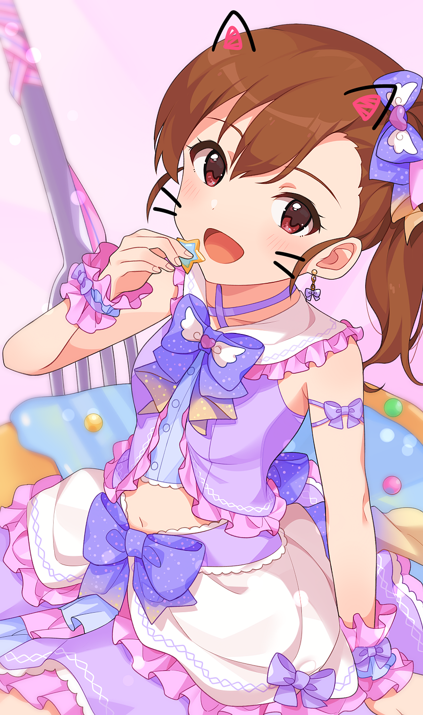 1girl :d arm_ribbon bangs blue_bow bow bow_earrings brown_hair collarbone criss-cross_halter earrings frilled_skirt frills futami_mami hair_between_eyes hair_bow halterneck highres holding idolmaster idolmaster_(classic) inuyama_nanami jewelry layered_skirt long_hair looking_at_viewer midriff miniskirt navel open_mouth polka_dot polka_dot_bow purple_ribbon red_eyes ribbon shiny shiny_hair side_ponytail sitting skirt smile solo stomach wrist_cuffs