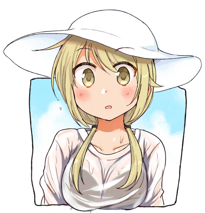 1girl :o blonde_hair blush border bra_through_clothes breasts commentary_request dripping eyebrows_visible_through_hair eyebrows_visible_through_hat hat ichii_yui large_breasts long_hair looking_at_viewer low_twintails open_mouth see-through shirt solo sweatdrop tatsunokosso twintails upper_body water_drop wet wet_clothes wet_shirt white_headwear white_shirt yellow_eyes yuyushiki