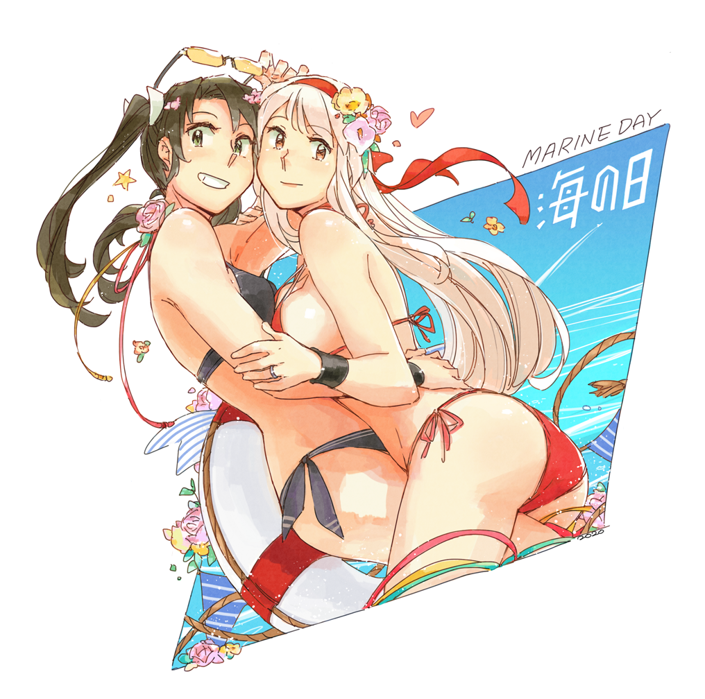 2girls alternate_costume ass bare_shoulders bikini blush bracelet breasts commentary_request dark_green_hair eyebrows_visible_through_hair flower green_eyes grin hair_flower hair_ornament hair_ribbon hairband heart hug jewelry kantai_collection large_breasts lifebuoy long_hair looking_at_viewer medium_breasts multiple_girls red_bikini ribbon ring shoukaku_(kantai_collection) side-tie_bikini smile swimsuit twintails wedding_band weidashming white_background white_hair white_ribbon zuikaku_(kantai_collection)