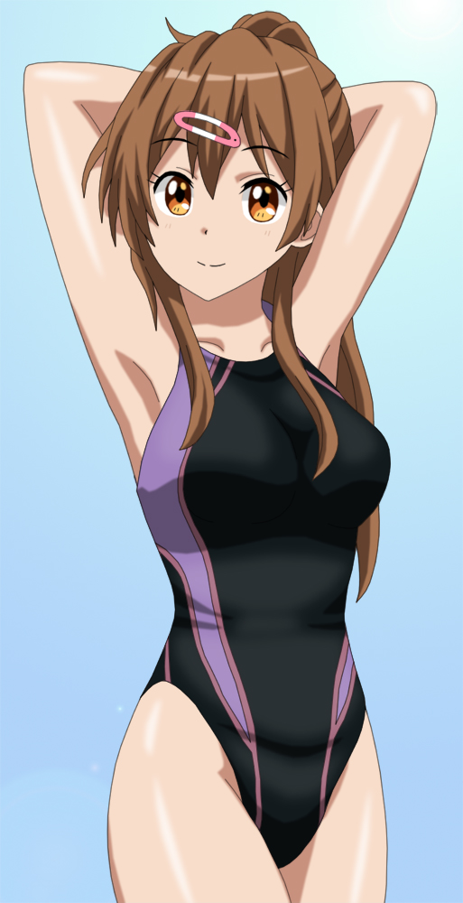 1girl alternate_hairstyle black_swimsuit blue_background brown_eyes brown_hair chuunibyou_demo_koi_ga_shitai! commentary_request competition_swimsuit cowboy_shot cp9a hair_ornament hairclip highleg highleg_swimsuit long_hair looking_at_viewer nibutani_shinka one-piece_swimsuit parted_lips ponytail smile solo swimsuit