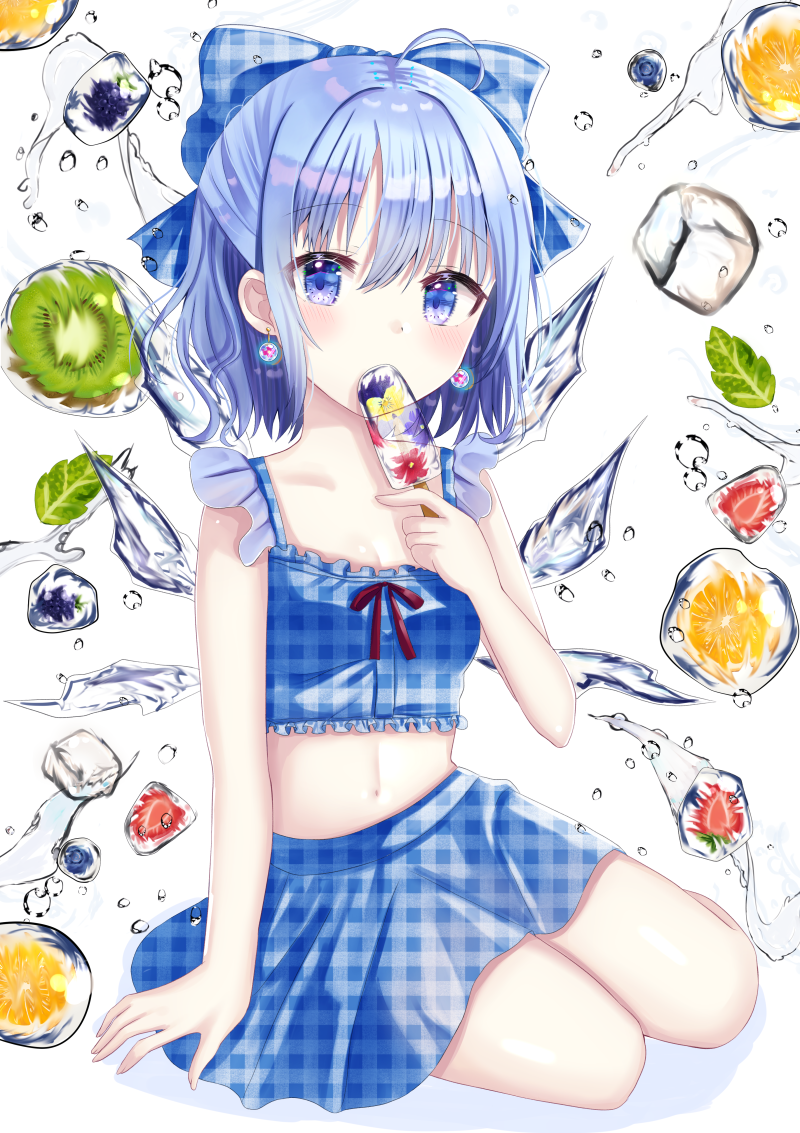 1girl ahoge alternate_costume arm_support bare_arms blue_eyes blue_hair blue_shirt blue_skirt breasts checkered checkered_shirt checkered_skirt cirno collarbone commentary_request crop_top drop_earrings eyebrows_visible_through_hair food food_in_mouth frozen_flower frozen_fruit fruit hair_between_eyes hair_ribbon holding ice ice_wings kiwifruit leaf light_blush looking_at_viewer midriff navel nibosi orange orange_slice popsicle ribbon shirt short_hair sitting skirt small_breasts solo strawberry touhou unmoving_pattern water_drop white_background wings yokozuwari