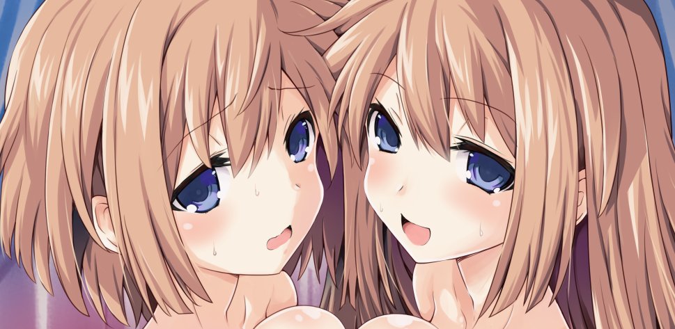 2girls blue_eyes blush breasts brown_hair iwasi-r looking_at_viewer medium_hair multiple_girls neptune_(series) nude open_mouth ram_(neptune_series) rom_(neptune_series) siblings sisters smile sweat twins upper_body