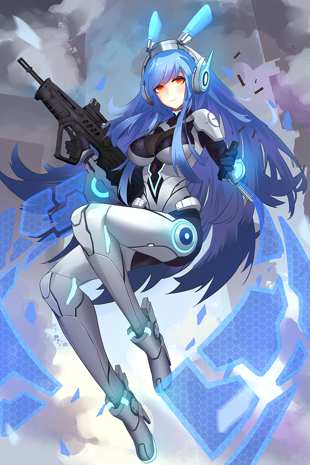 1girl assault_rifle blue_hair breasts bullpup closed_mouth girls_frontline gloves gun headgear highres imi_tavor_tar-21 leotard long_hair mecha_musume rifle robot_ears solo tar-21_(girls_frontline) weapon white_footwear wjn-rance yellow_eyes