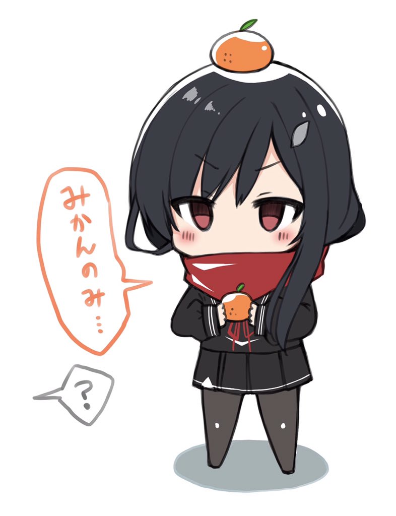 1girl ? black_hair black_pantyhose black_shirt black_skirt blush chibi food food_on_head fruit fruit_on_head hair_ornament hairclip holding holding_food holding_fruit kusonemita long_hair long_sleeves mandarin_orange object_on_head pantyhose red_eyes red_scarf sayo_samonji_(tenka_hyakken) scarf scarf_over_mouth shirt skirt solo speech_bubble spoken_question_mark tenka_hyakken v-shaped_eyebrows white_background