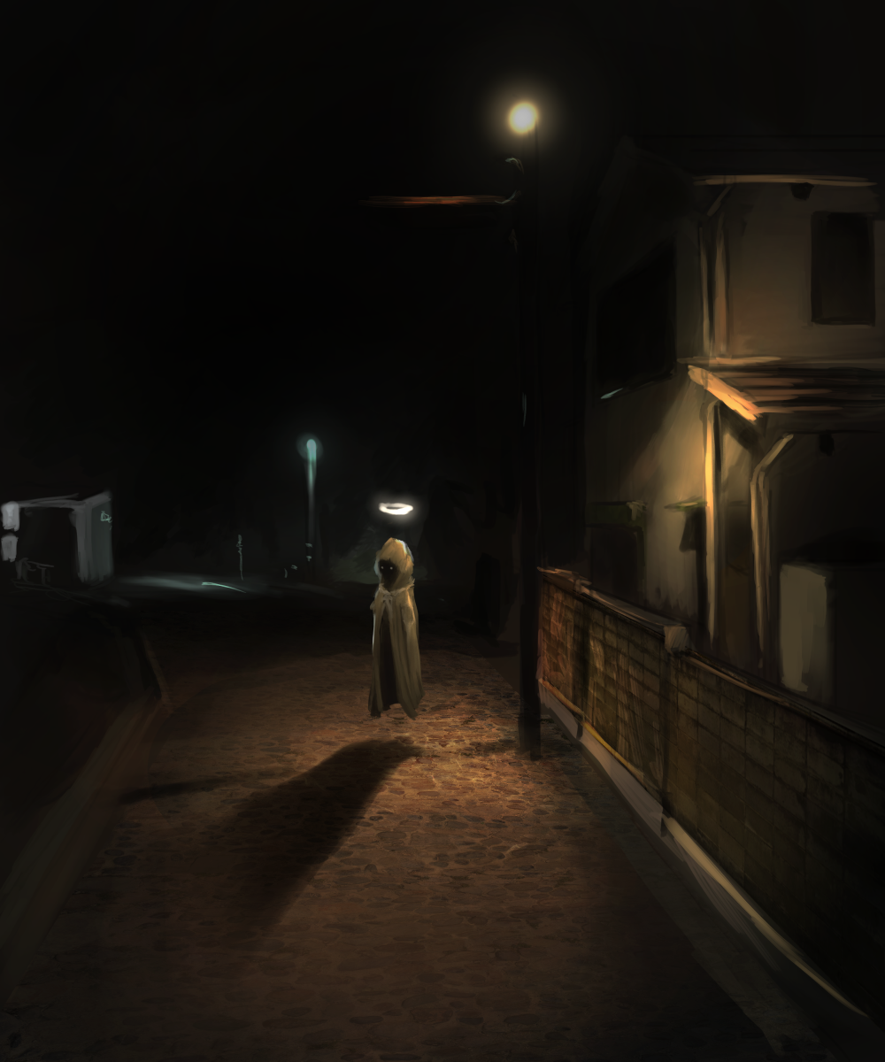 1other cloak fantasy floating ghost halo highres hood hood_up horror_(theme) house lamppost neg_(101neg) night original outdoors road scenery shaded_face shadow street yellow_cloak yellow_eyes