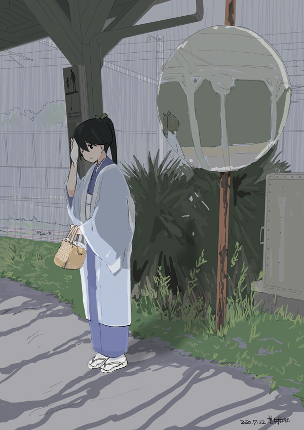 1girl alternate_costume bag black_hair blue_kimono coat commentary_request full_body houshou_(kantai_collection) japanese_clothes kantai_collection kimono long_hair mihama_machi mirror outdoors overcoat ponytail sign solo standing
