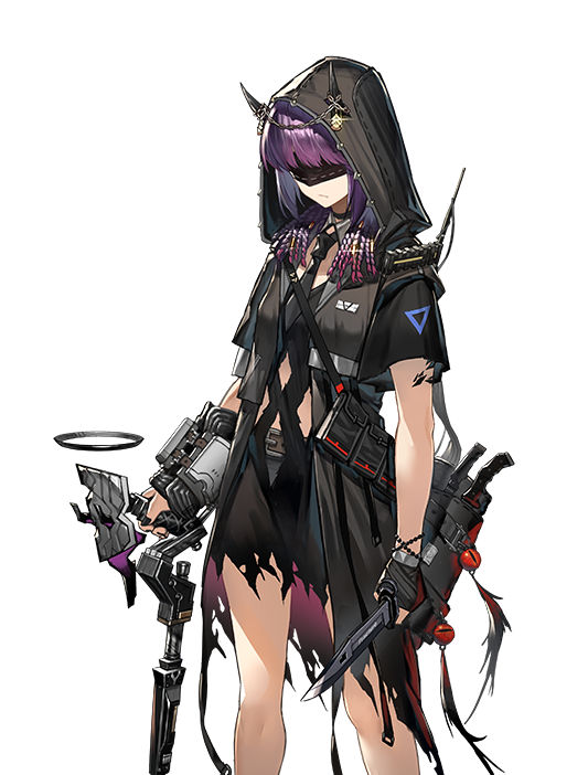 1girl alternate_costume alternate_hairstyle arknights chain_necklace combat_knife disguise fingerless_gloves gloves hairlocs hood knife lava_(arknights) mask miniskirt necktie official_art ore_lesion_(arknights) purple_hair short_hair skirt solo spoilers staff torn_clothes torn_skirt weapon