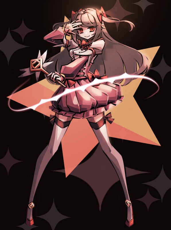1girl \||/ allen_(makaroll) alternate_costume arm_up bangs black_background bow bowtie brown_hair closed_mouth commentary corset dress_shirt eyebrows_visible_through_hair floating_hair full_body hair_bow high_heels holding holding_wand leg_ribbon legs_apart light_trail long_hair long_sleeves magical_girl miniskirt original outstretched_arm palms phantom_rose pink_skirt pleated_skirt puffy_sleeves red_bow red_eyes red_footwear red_neckwear reina_(phantom_rose) ribbon salute shirt shirt_tucked_in sidelocks skirt smile solo sparkle sparkle_background star_(symbol) swept_bangs thigh-highs tied_hair two_side_up underbust very_long_hair wand white_legwear white_shirt zettai_ryouiki