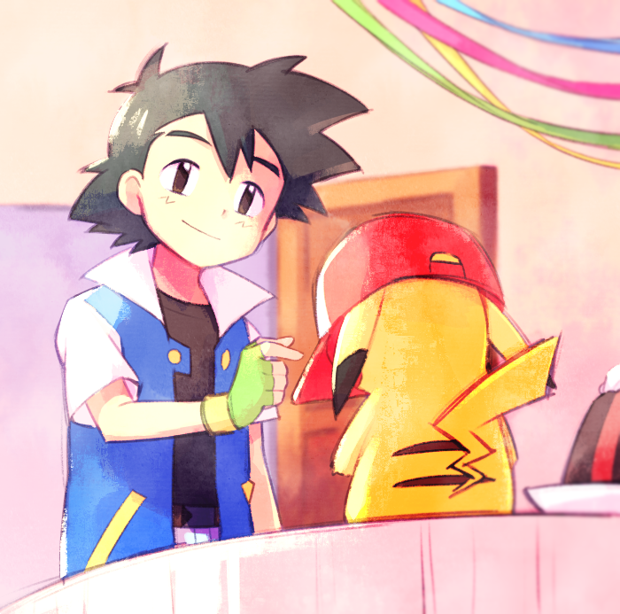 1boy ame_(ame025) ash_ketchum bangs baseball_cap belt black_hair blue_jacket brown_eyes brown_shirt buttons closed_mouth commentary door fingerless_gloves gen_1_pokemon gloves green_gloves hand_up hat hatted_pokemon indoors jacket male_focus open_clothes open_jacket pikachu pokemon pokemon_(anime) pokemon_(classic_anime) red_headwear shirt short_hair short_sleeves smile t-shirt