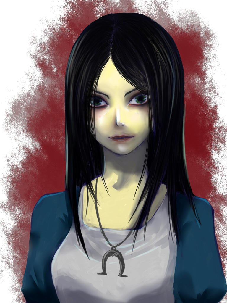 1girl alice:_madness_returns alice_(wonderland) alice_in_wonderland american_mcgee's_alice black_hair closed_mouth dress green_eyes jewelry lipstick long_hair looking_at_viewer makeup necklace smile solo