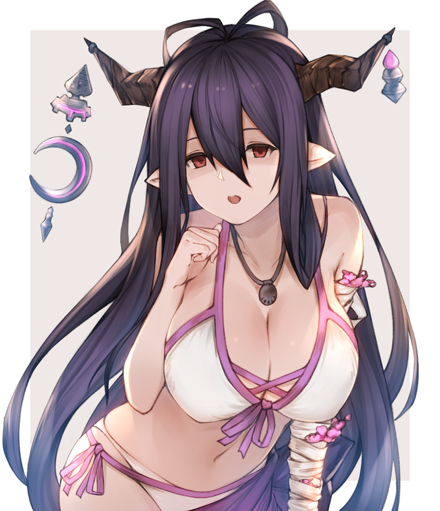 1girl antenna_hair bandaged_arm bandages breasts crescent danua draph granblue_fantasy hair_between_eyes horn_ornament horns huge_breasts large_breasts long_hair navel open_mouth pointy_ears purple_hair red_eyes simple_background solo thumb_to_mouth wuming
